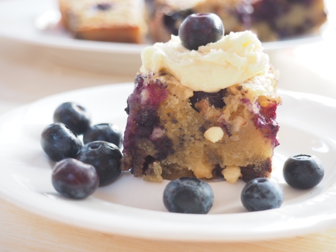 white chocolate and blueberry blondies, baking