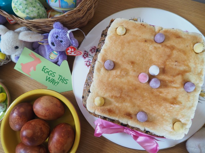 simnel cake at easter with mini eggs
